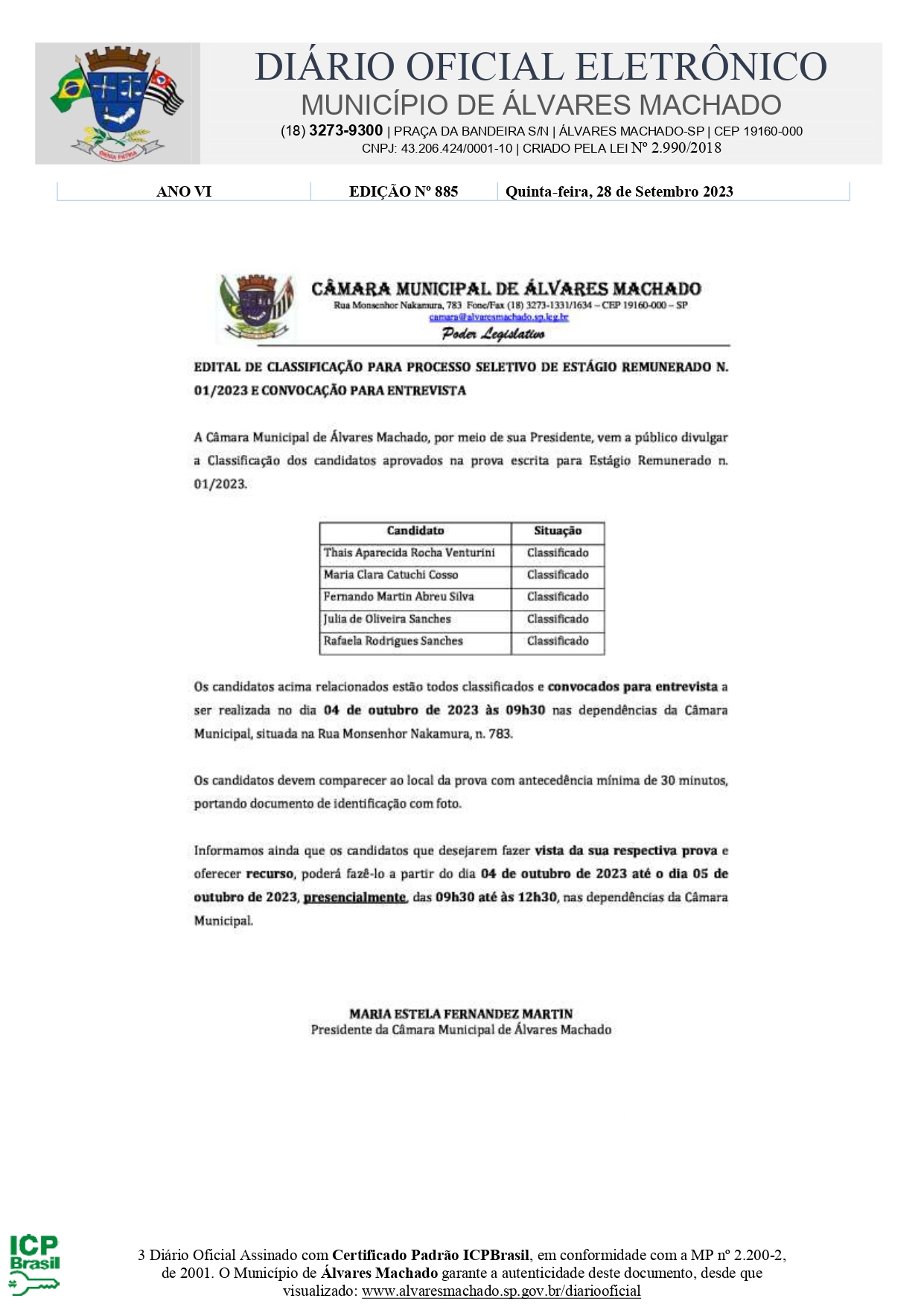 Câmara Municipal de Álvares Machado Apresenta Classificação de Candidatos Aprovados no Processo Seletivo para Estágio Remunerado